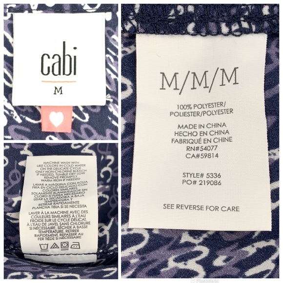 Cabi Te Amo Blouse # 5336, 'Love' Printed Long Sleeve V-neck Navy Blouse, Medium - Picture 16 of 16